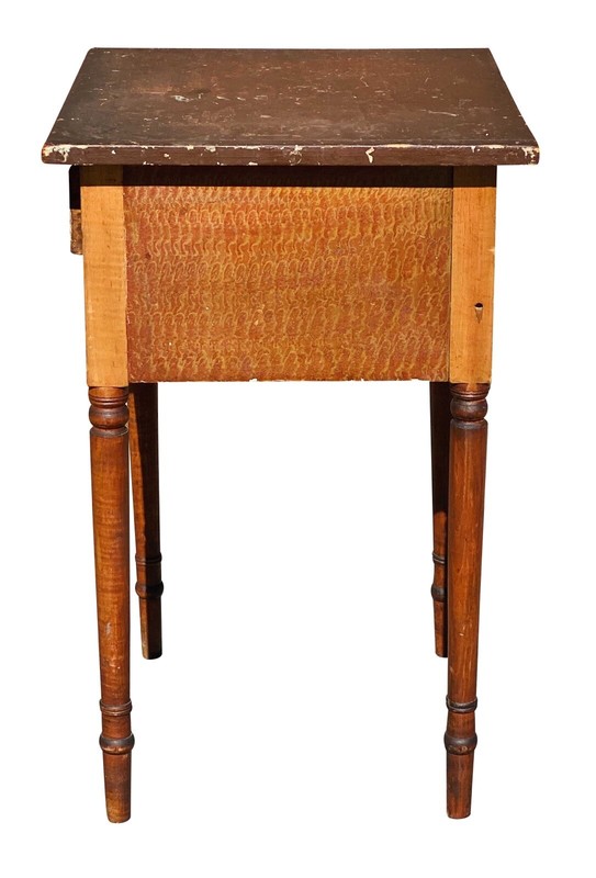 IMPORTANT ANTIQUE FEDERAL PERIOD VERMONT GRAIN PAINTED WORK TABLE / NIGHTSTAND gallery