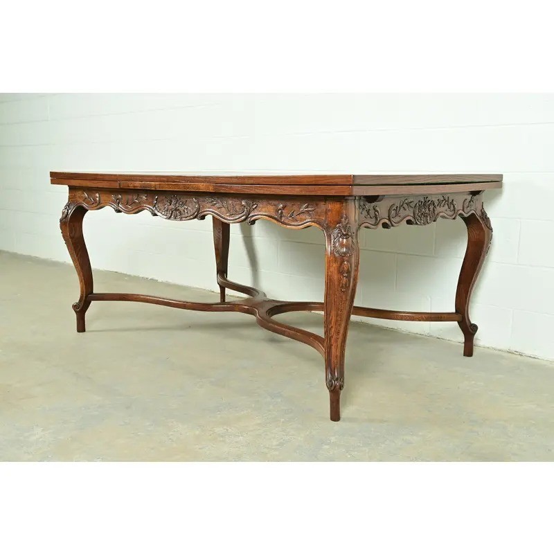 Baker Furniture Style French Provincial Louis XV Carved Oak Dining Table, 1960s gallery
