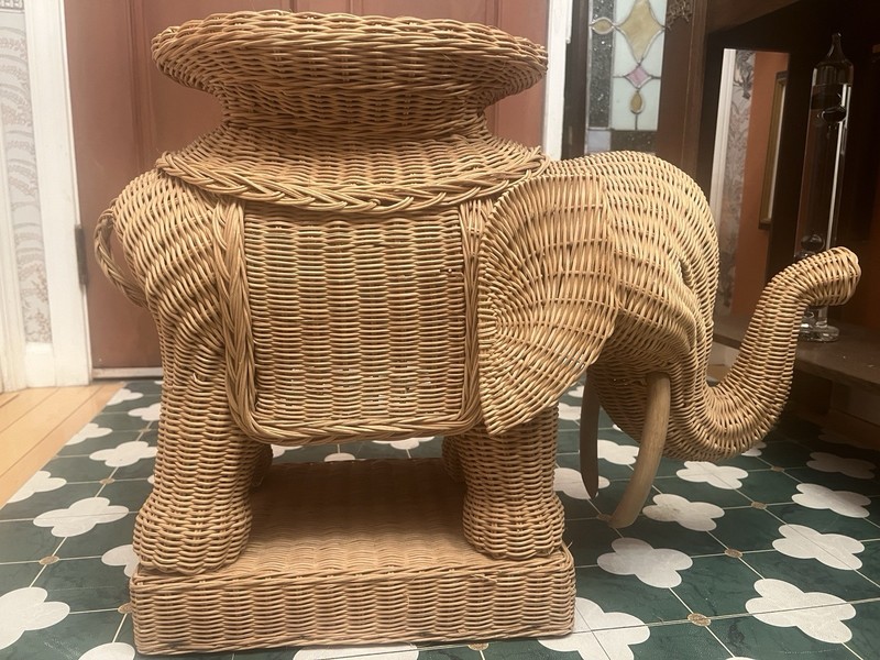Vintage Boho Wicker Rattan Elephant Side Table Style of Mario Lopez Torres 1970s gallery