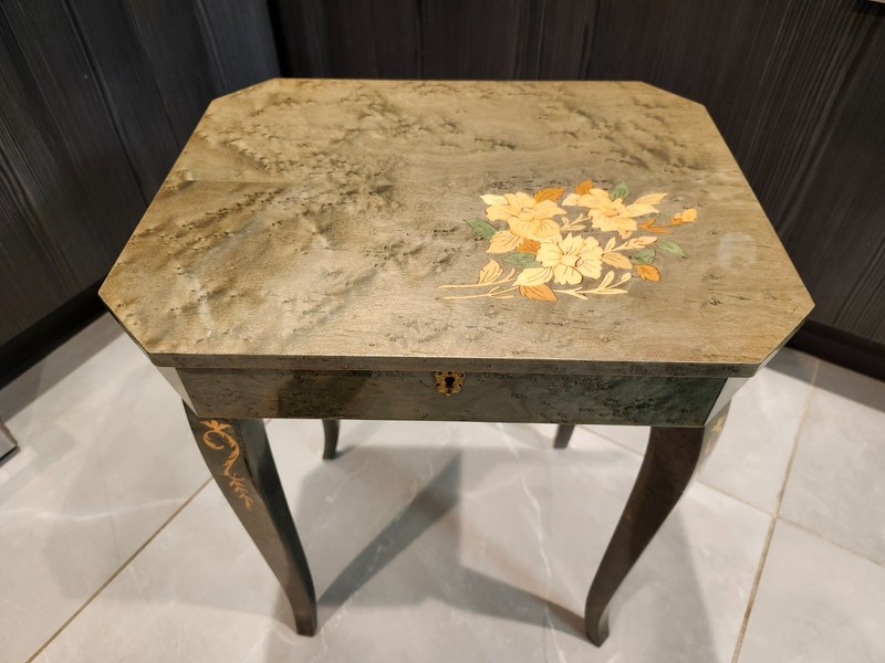 Antique Italian Inlayed Music Cabriole Legs Table & Hinged Top Up gallery