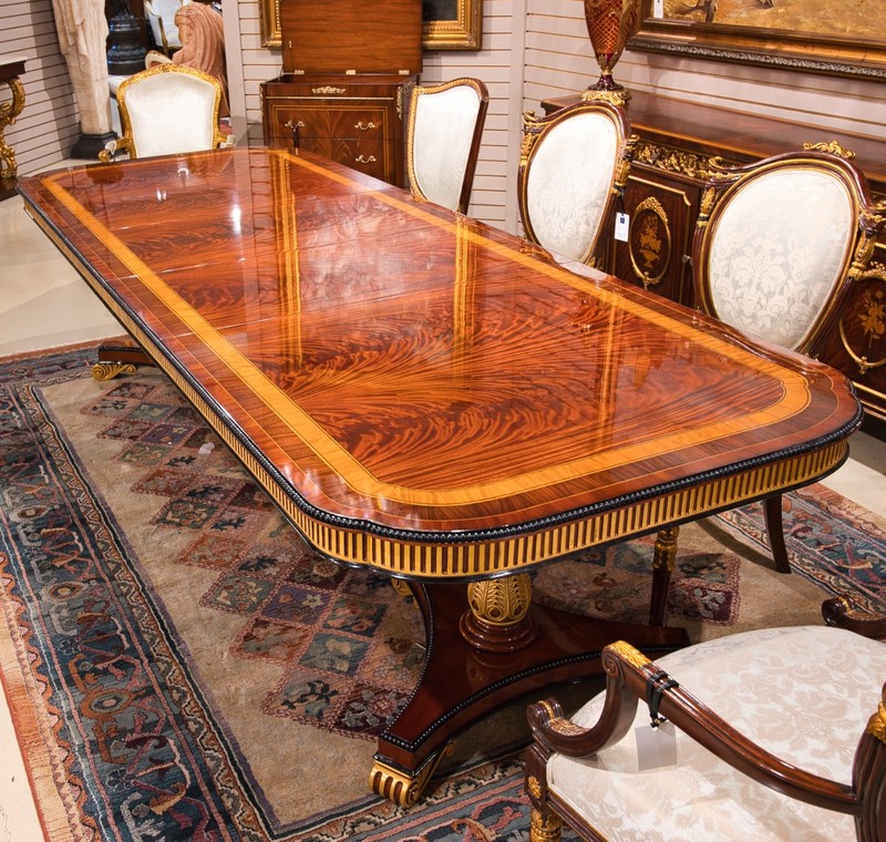 10' Heavy traditional flamed mahogany 2 pedestal formal dining table gold accent gallery