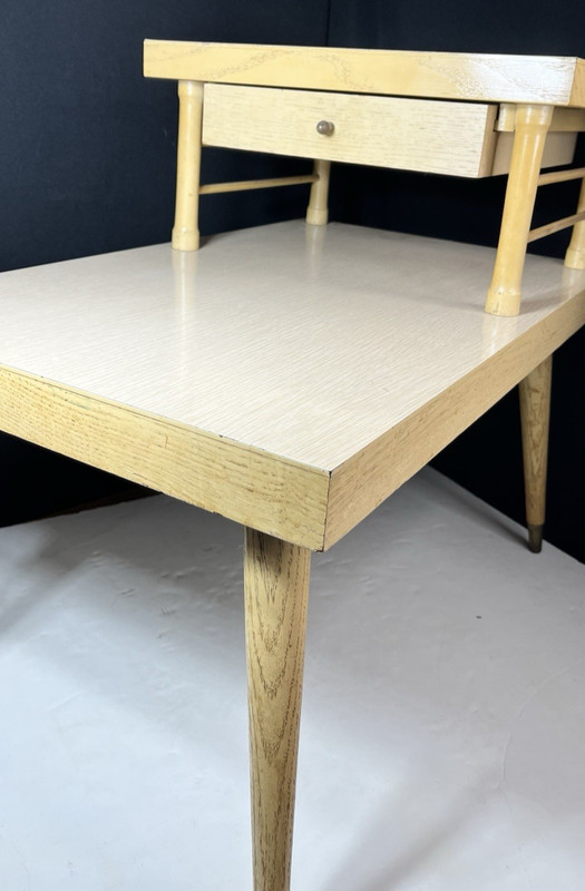 Two Tier Step End Side Table Drawer Light Wood Laminated Top Vintage 1958 MCM
