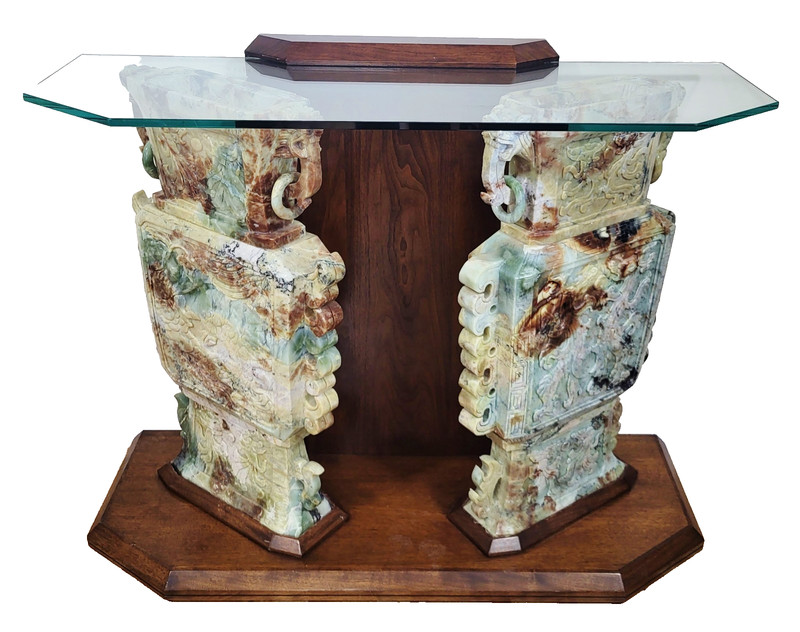Antique ASIAN 20th C Chinese WALNUT Green STONE PAIR URNS Altar CONSOLE TABLE