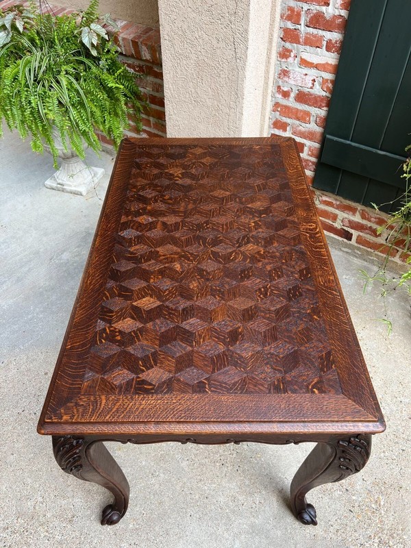 Antique French Breakfast Sofa Table Writing Desk Louis XV Carved Oak Parquet gallery