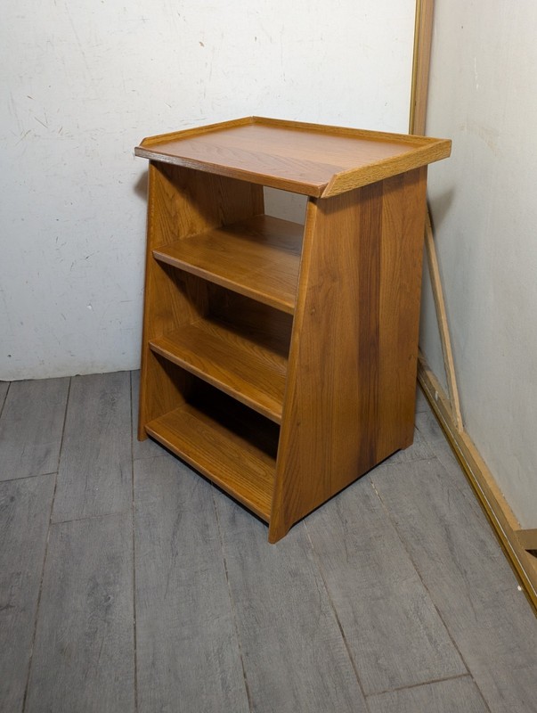 Vintage Mid Century Modern Oak Wood Telephone Table Slanted Nightstand Shelf A gallery
