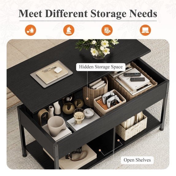 Gianna Lift Top Coffee Table 39" Storage Hidden Compartment Farmhouse Black gallery