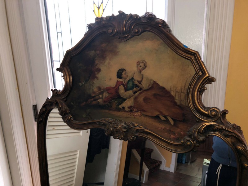 Antique Carved Gold Leaf French Style Mirror with Hand Painted Scene gallery