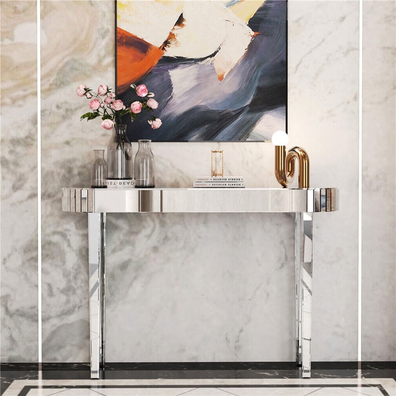 47.2in Silver Mirrored Console Table Entryway Hallway Storage HD Glass Tabletop gallery
