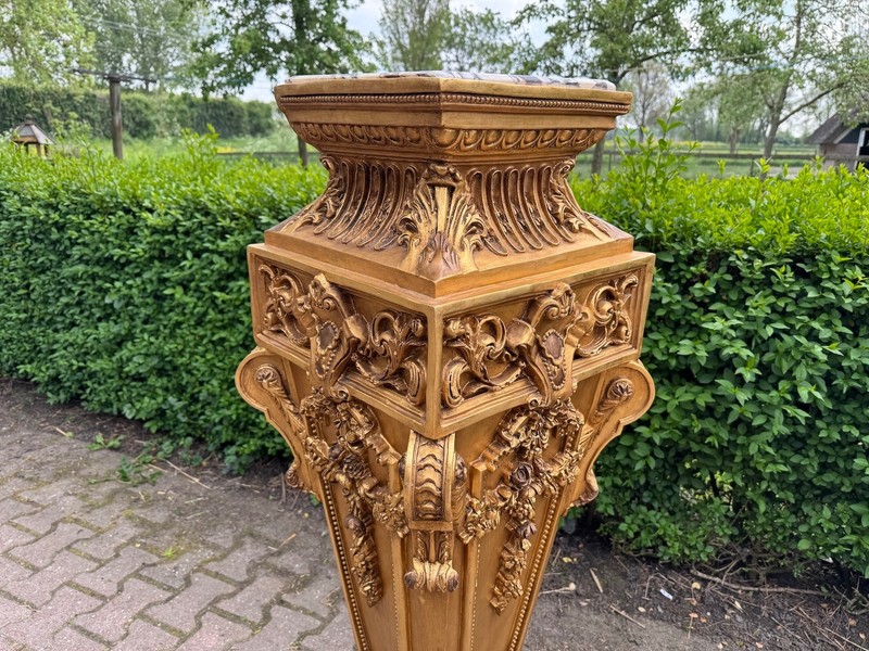 Pedestal French Louis XVI 1960 Gold Resin Marble Top Floral Display Stand Tall gallery