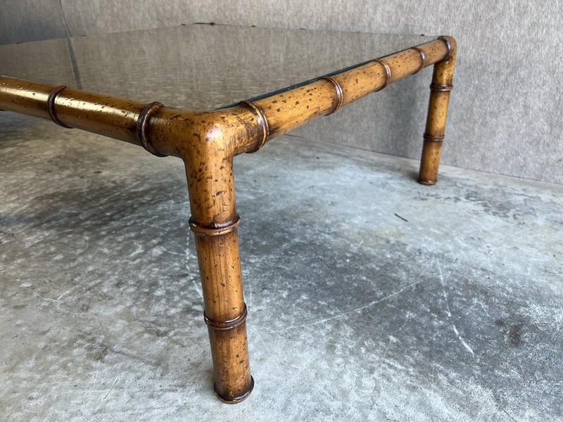Large Square MCM Hollywood Regency Faux Bamboo Coffee Table w/ Cane & Glass Top gallery