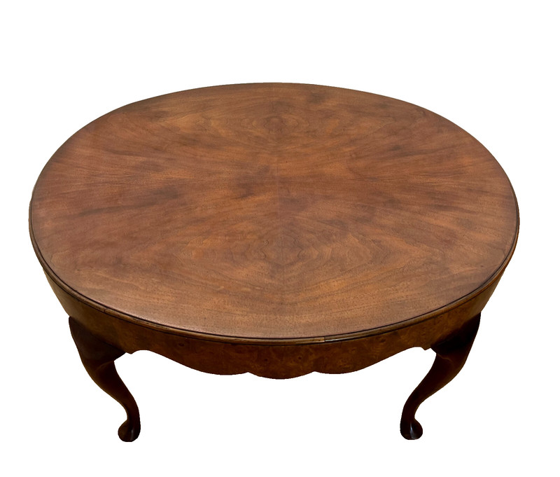 Vintage Baker Furniture Oval Coffee Table Thick Burlwood Walnut Top Chippendale