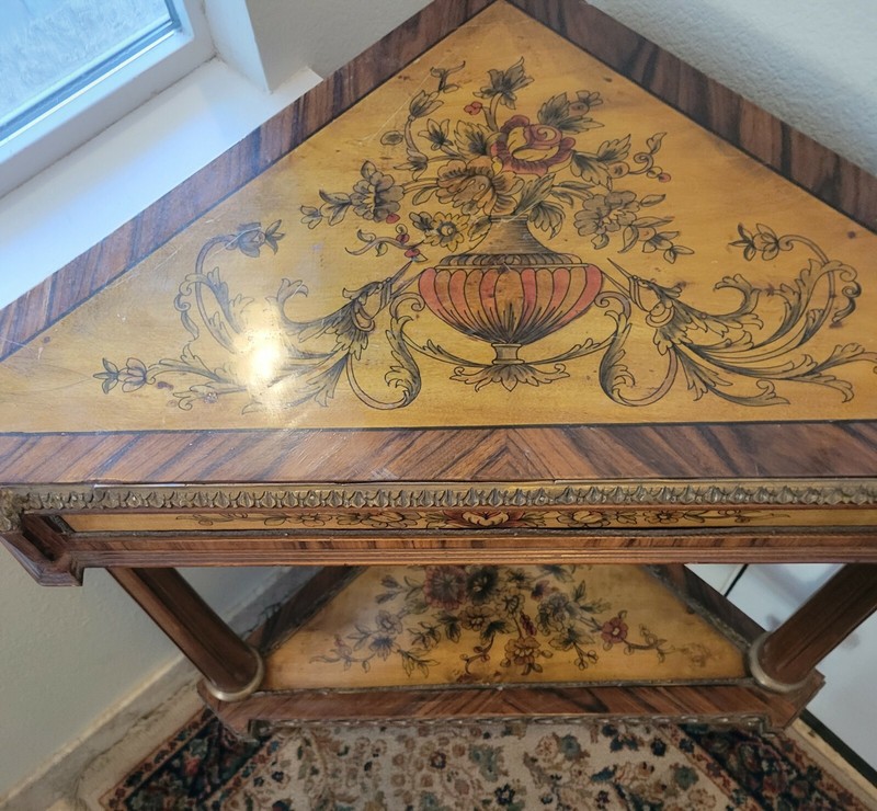 Italy Brass Mount Corner Table Planter Stand Ornate Hand Painted Gallery Wood! gallery