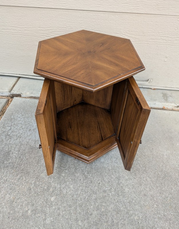 Vintage Hekman Rustic Spanish Colonial Drum Storage Cabinet Hexagon Table Doors gallery