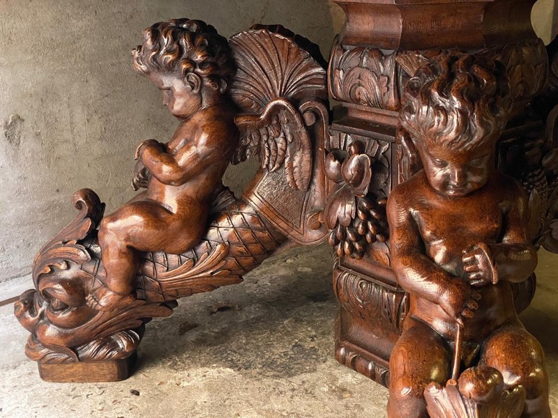 ARRIVES MARCH 2025: Large Antique French Dolphin/Cherub Dining Table with Leaf gallery