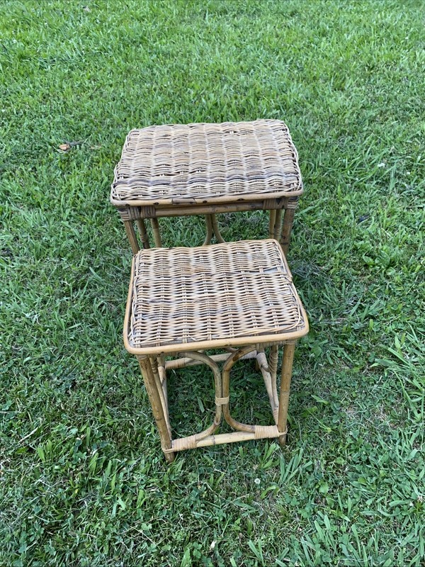 Very Bamboo Rattan Wicker Side NestingTable Rattan Stool Wicker Stand Lot 2 gallery