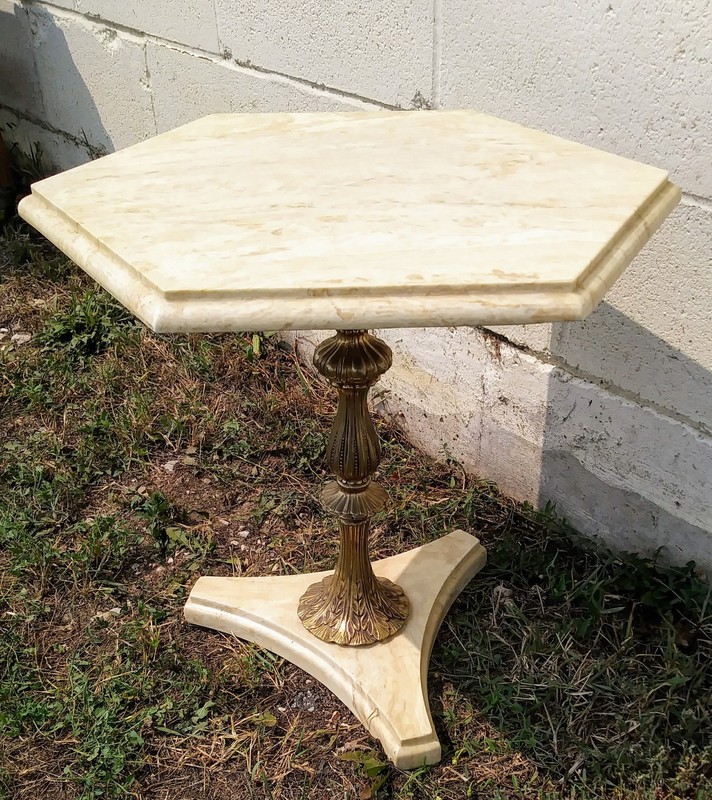 Mid Century Brass Pedestal Hexagon Travertine Marble Low Side Table