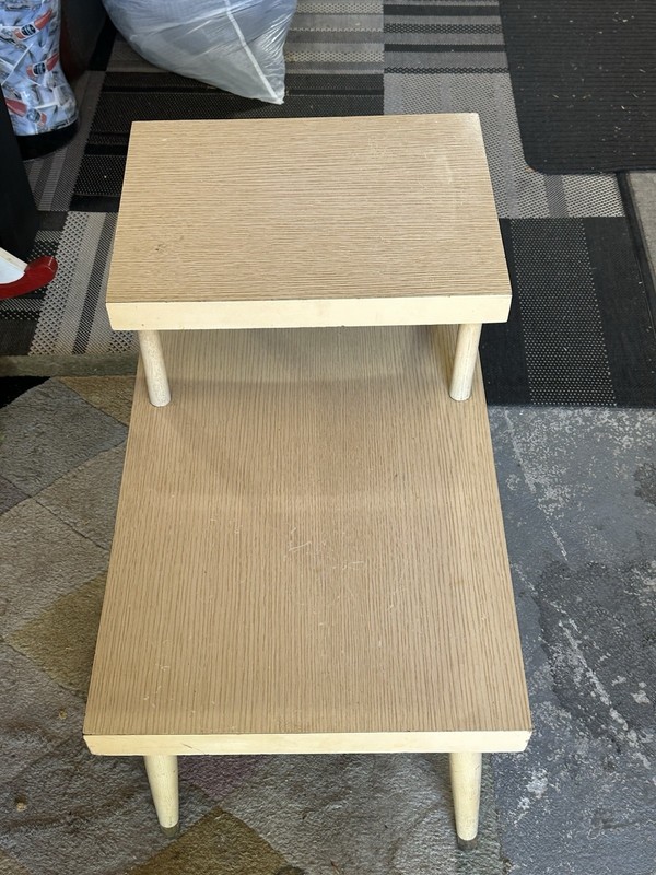 MCM TWO TIER BLONDE SIDE TABLE STEP DESIGN LAMINATED WOOD 28" x 22" x 15.5" gallery