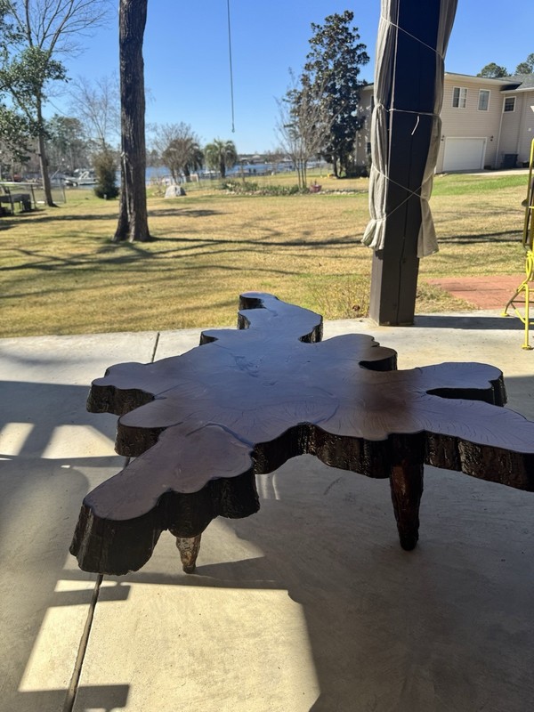 FOLK ART, VINTAGE CYPRUS LIVE EDGE TABLE EXPERT RESTORATION COPPER INLAY