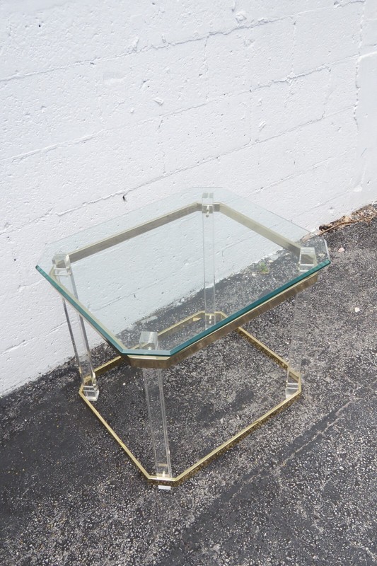 Hollywood Regency Lucite and Brass Finish with Glass Top Side Table 2998 gallery