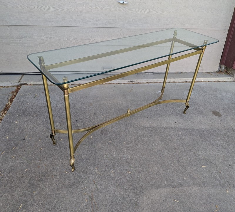 Vintage La Barge Style Glass Brass Console Table Flame Tip Hollywood Regency