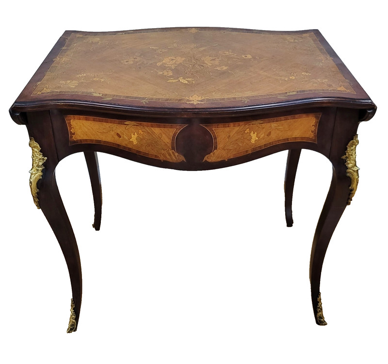 Antique AMERICAN Made FRENCH Louis XV Marquetry DROP LEAF Center TABLE Desk