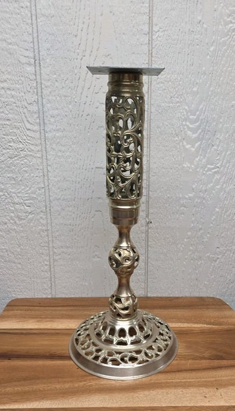 Vintage Reticulated Brass Filigree Table Base Hollywood Regency MCM 17 3/8 " gallery