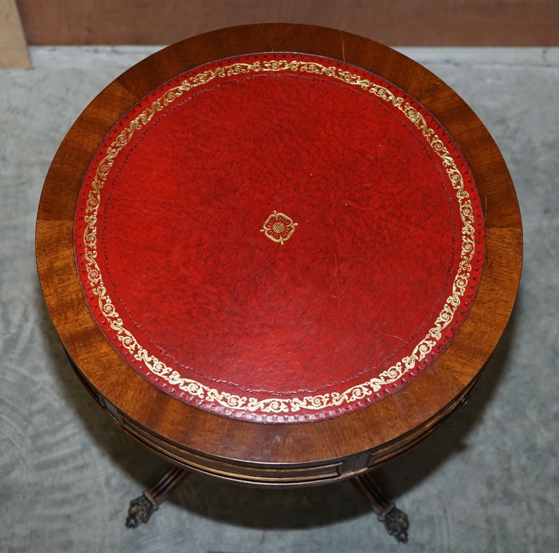 REGENCY STYLE MAHOGANY OXBLOOD LEATHER SIDE END LAMP WINE DRUM TABLE DRAWERS gallery