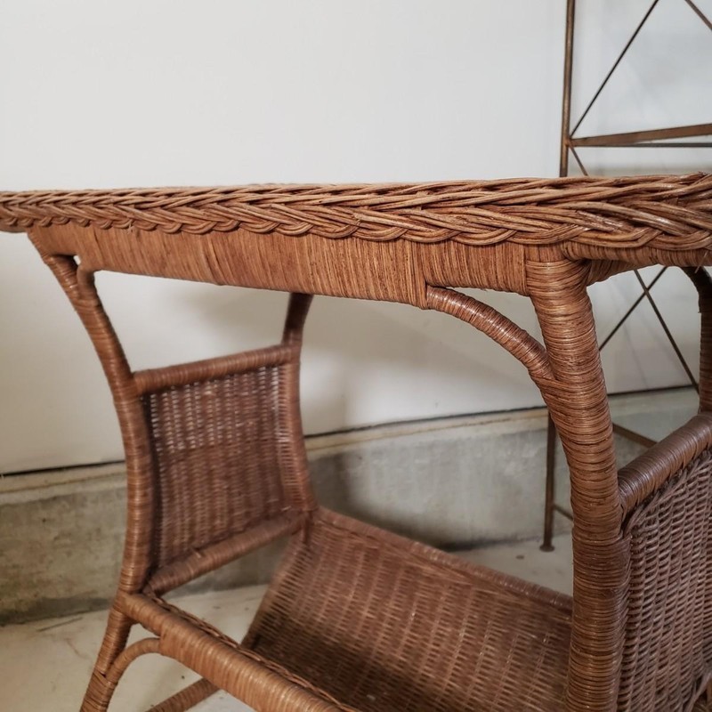 Vintage Wicker Rattan & Wood End Table Magazine Rack Book Shelf 24"x15"x24" MINT gallery
