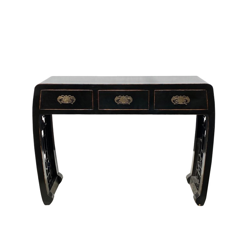 Black Lacquer Curve Panel Legs 3 Drawers Slim Foyer Side Table cs7370 gallery