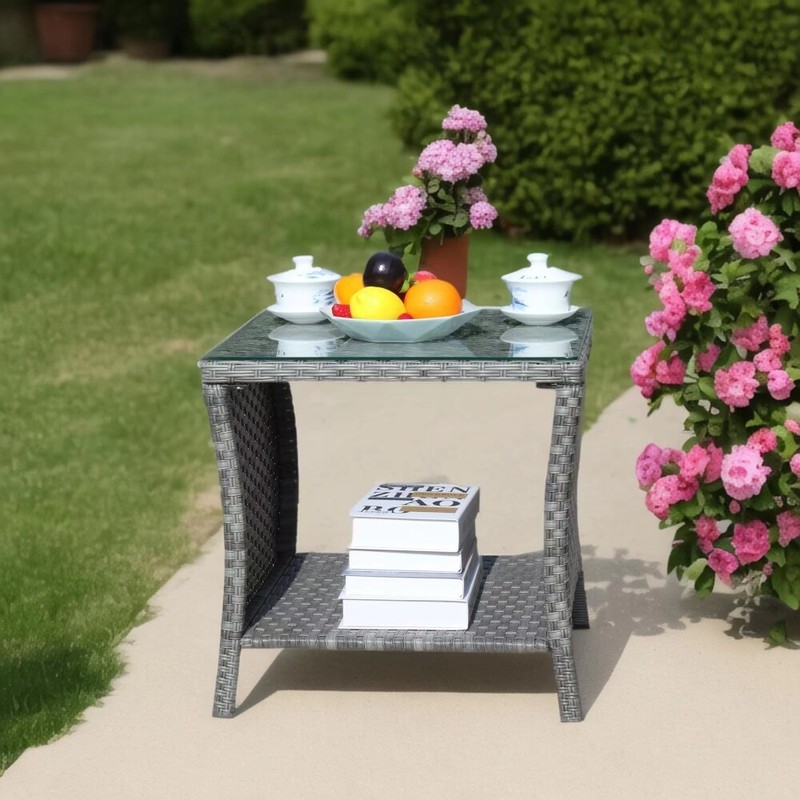 Outdoor Patio Furniture 1 Coffee Table with Clear Tempered Glass, Grey Wicker gallery