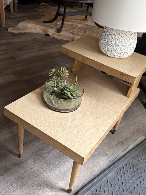 MCM Two Tier End Table Formica Top. Brass Capped Legs. gallery