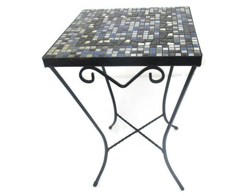 Vintage Small Side Table Plant stand Mosaic tiles Checkered pattern Wrought Iron