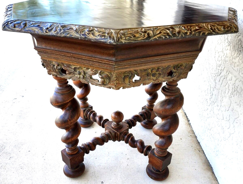 Antique French Table Louis XIII Octagonal Barley Twist 1800s gallery