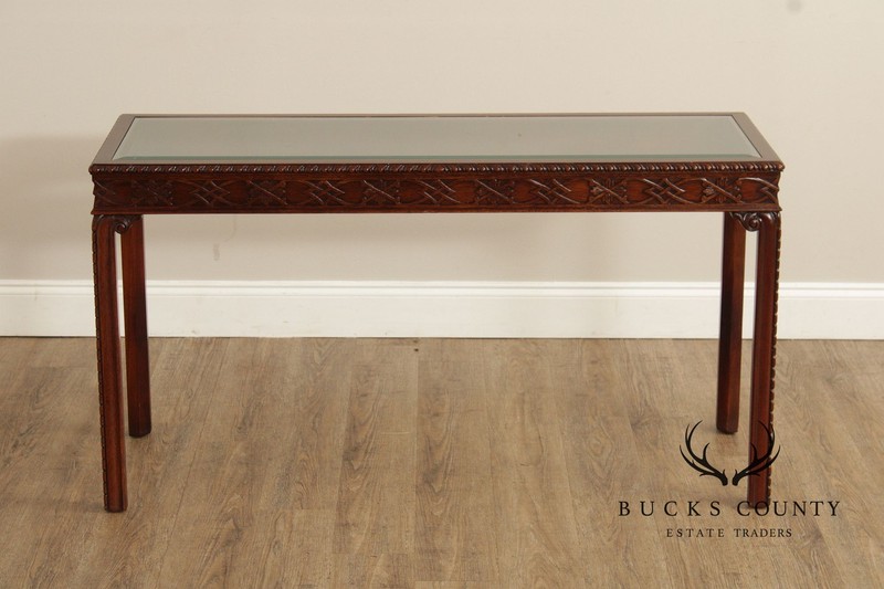 Chinese Chippendale Style Glass Top Mahogany Console Table gallery