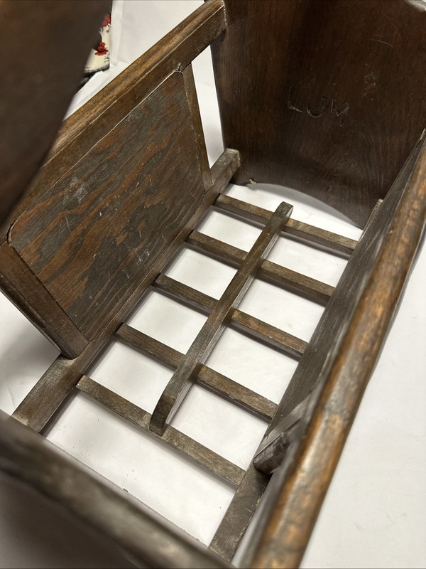 VINTAGE MAGAZINE RACK/STAND,DARK WOOD WITH LEATHER ,MID 1900'S, 17” LONG. 11” W gallery