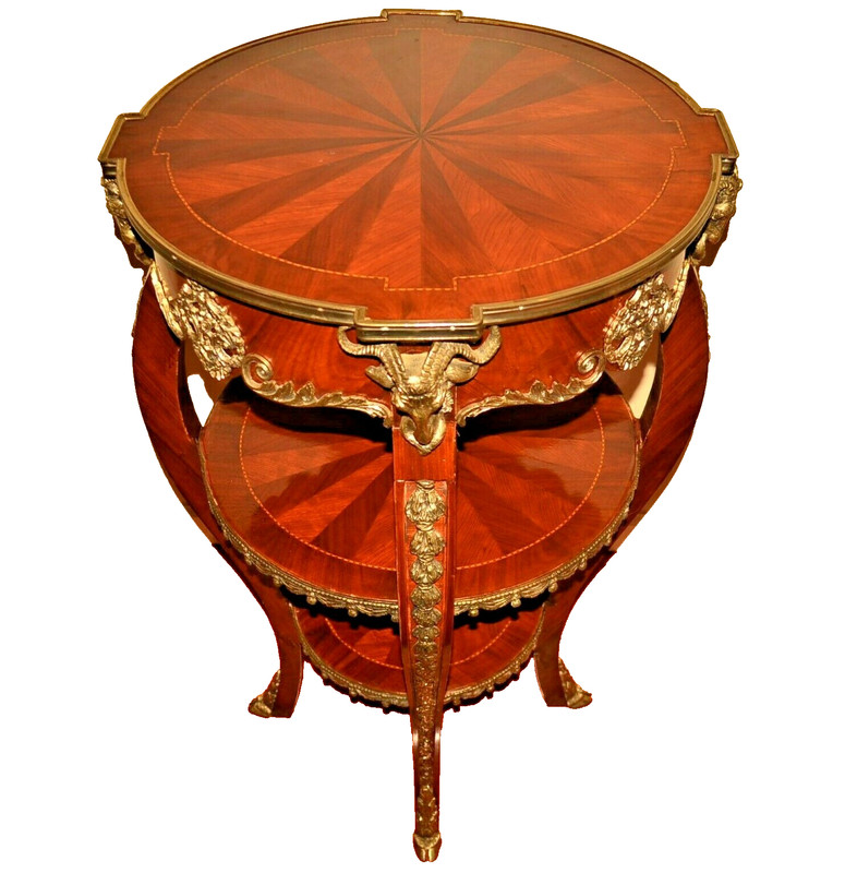 Antique Original Vintage Gilded Bronze Inlaid Mahogany Triple Tier Accent Table gallery