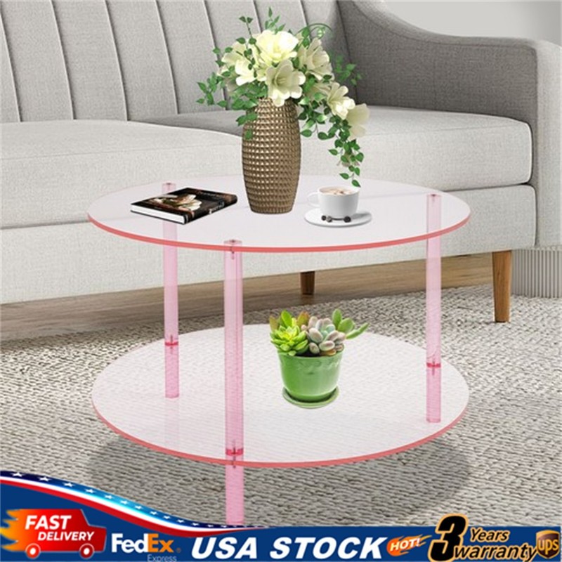 Modern Round Pink Acrylic Coffee Table, Modern Coffee Table, 2-tier Coffee Table