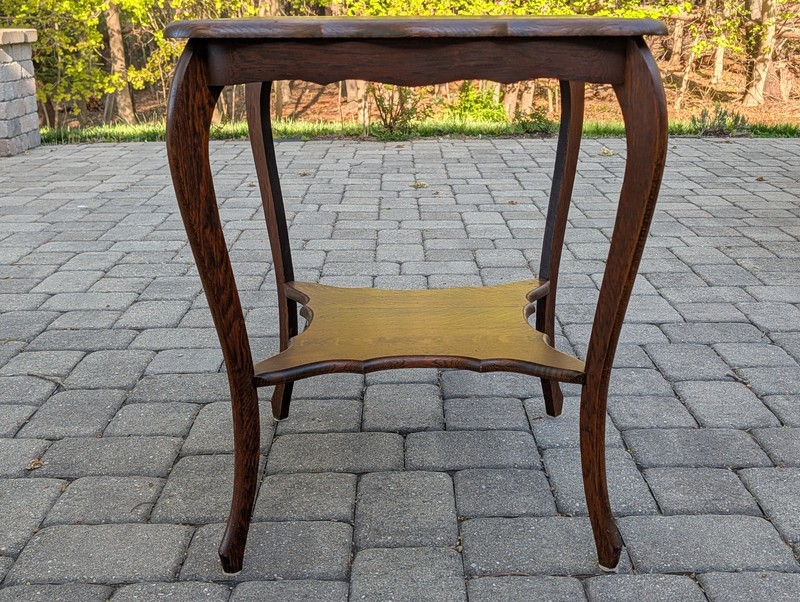 Antique Quarter Sawn Tiger Oak Parlor Table, Curved Legs, Carved Edges gallery