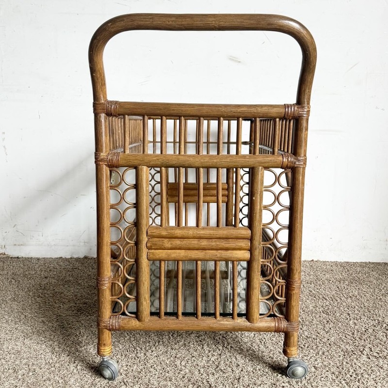 Boho Chic Bamboo Rattan and Glass Two-Tier Bar Cart gallery