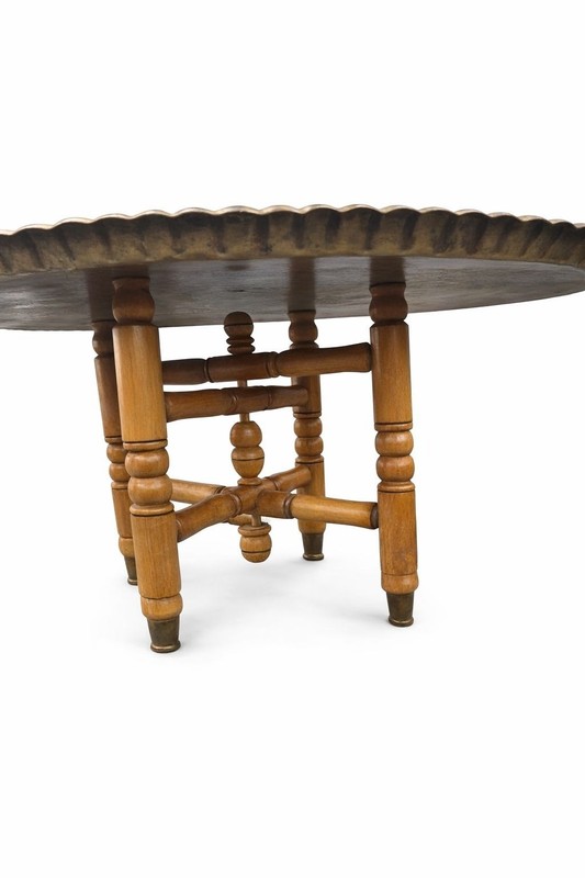 Vintage Moroccan ornate brass tray oval piecrust edge table folding wood base gallery