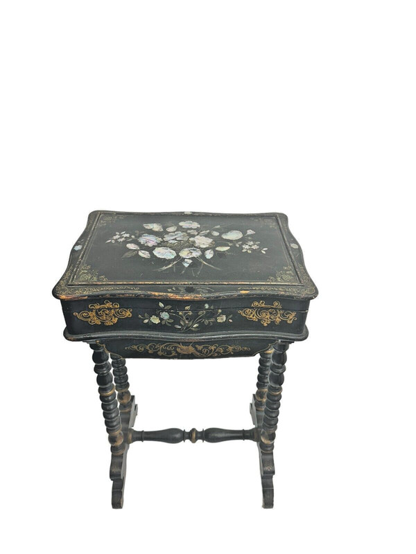 antique ebonized inlaid victorian sewing work table mother pearl 1890