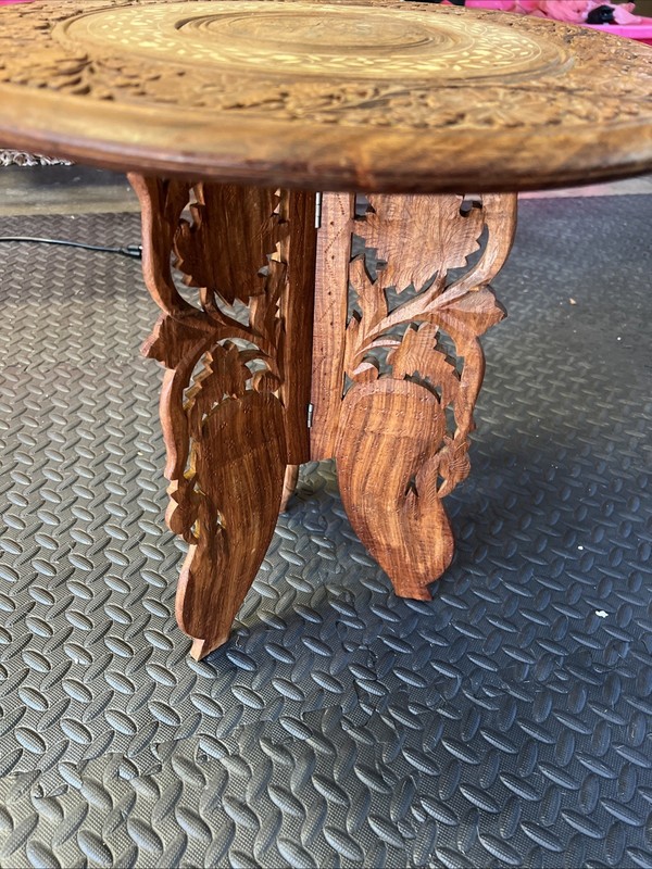 Vtg Hand Carved & Crafted Wood Inlay Folding Plant Stand 18t x 18”d India gallery