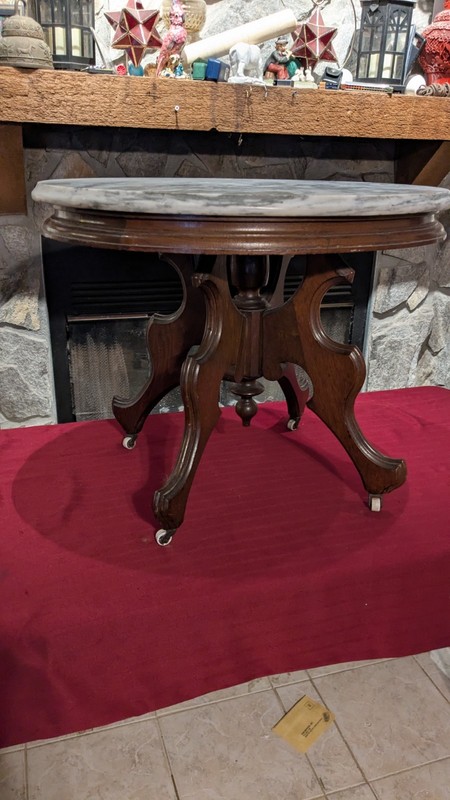Oval Walnut Victorian Renaissance Revival Marble Top Center Table 25 x 18 x 19