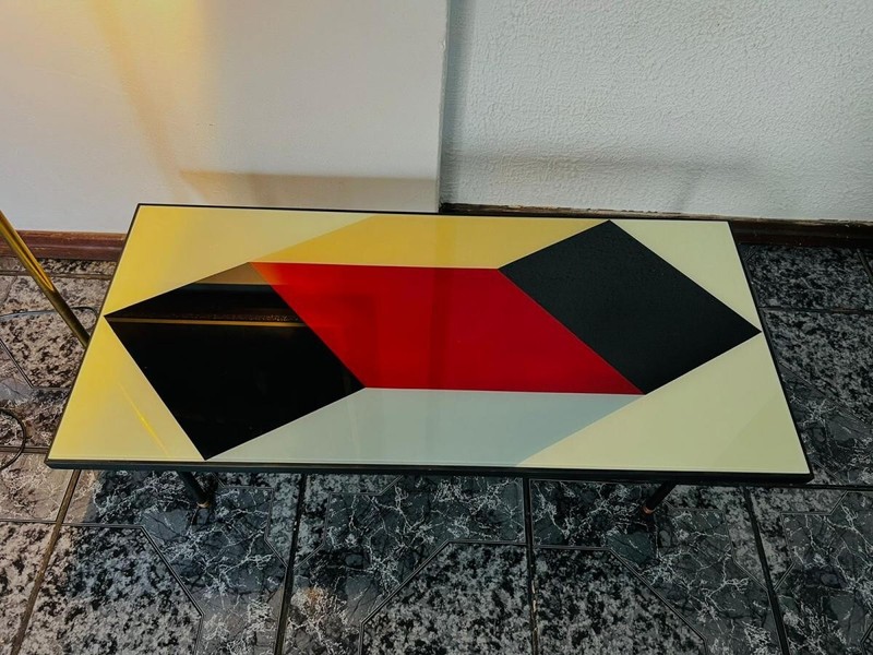 Solid Iron Coffee Table with Golden Brass Legs and Glass with Geometric Design.