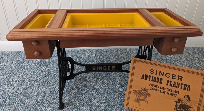 SINGER Antique Planter - Unique & Rare! - Cast Iron Legs & Knotty Pine Cabinet gallery