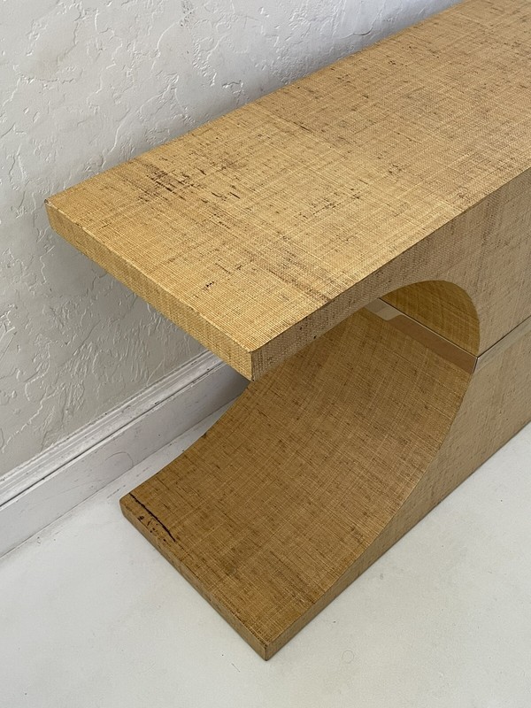 KARL SPRINGER Style Sculptural Grass Cloth Linen Brass Console Table gallery