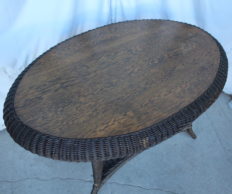 Antique Wicker and Oak Oval shaped Table – original – 45 x 29 1/2 gallery