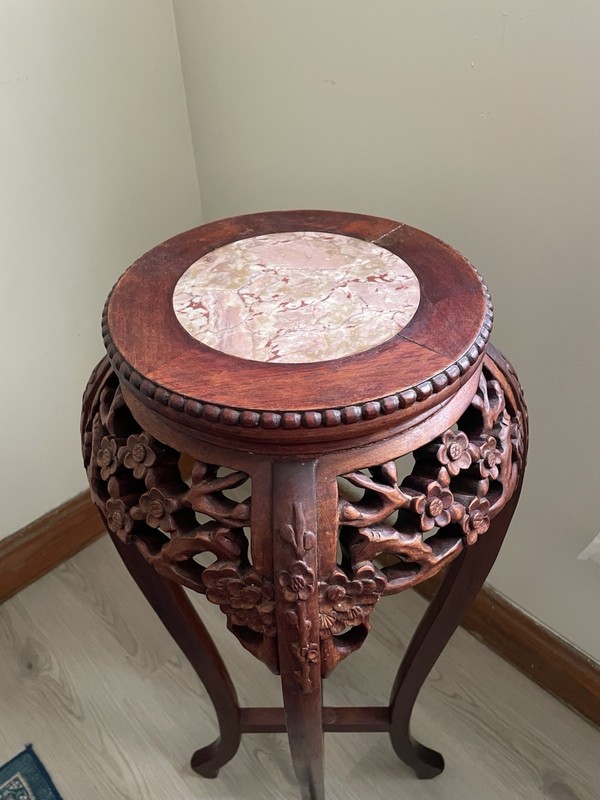 Vintage Chinese Rosewood With Marble Top Plant Stand Side Table Pedestal Carved gallery