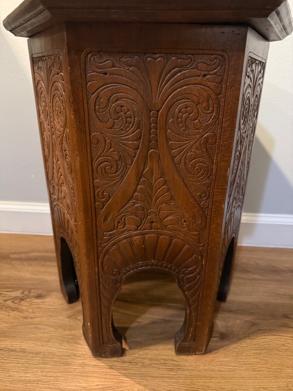🌿 Vintage / Antique Hand Carved Wood Plant Stand Side Table Hexagon Boho Decor gallery