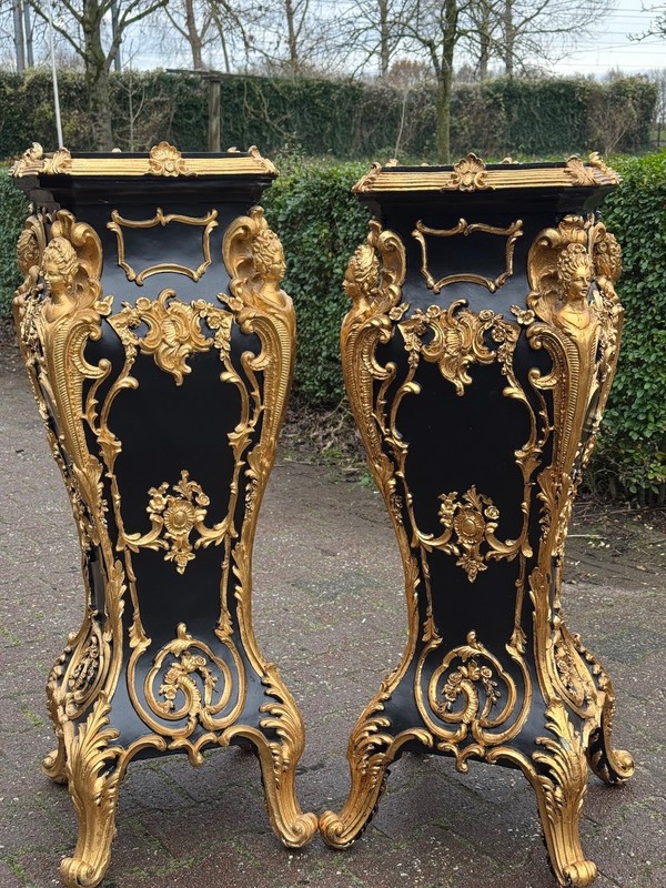 Pedestals Pair XL 43" Italian Baroque Black Gold Marble Effect Ornate Stands